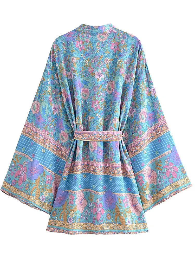 Short Kimono Flowers Light Blue-Pink