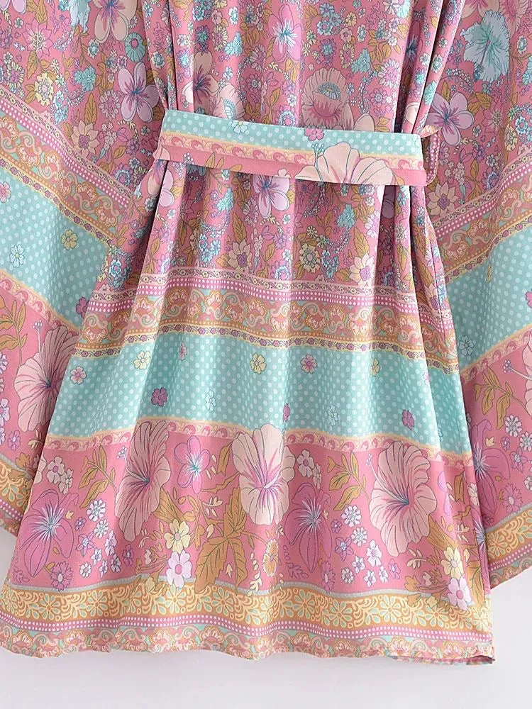 Short Kimono Flowers Pink-Light Blue