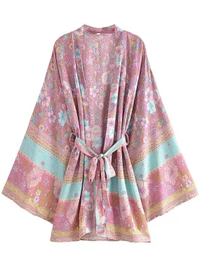 Short Kimono Flowers Pink-Light Blue