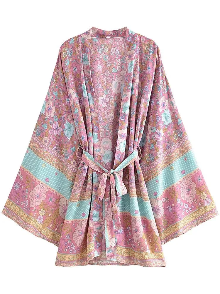 Short Kimono Flowers Pink-Light Blue