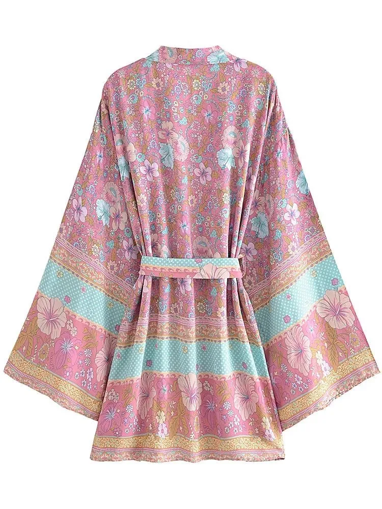 Short Kimono Flowers Pink-Light Blue