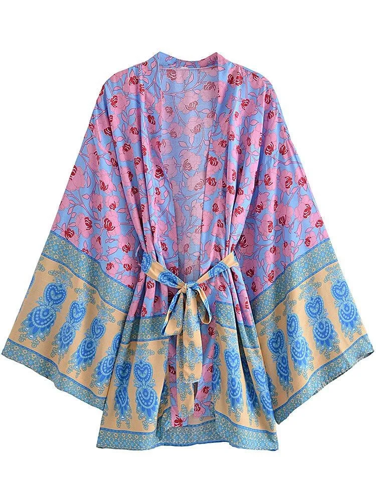 Short Kimono Flowers Yellow-Blue-Pink