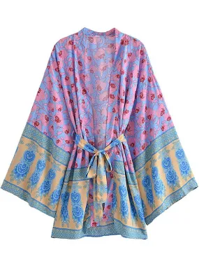 Short Kimono Flowers Yellow-Blue-Pink