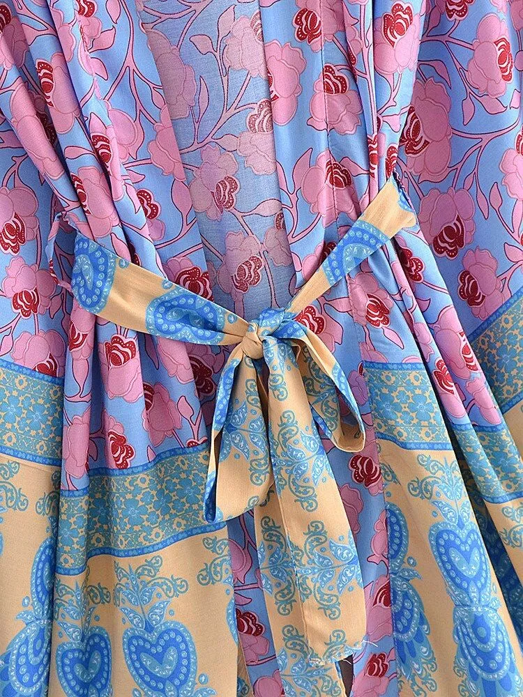 Short Kimono Flowers Yellow-Blue-Pink