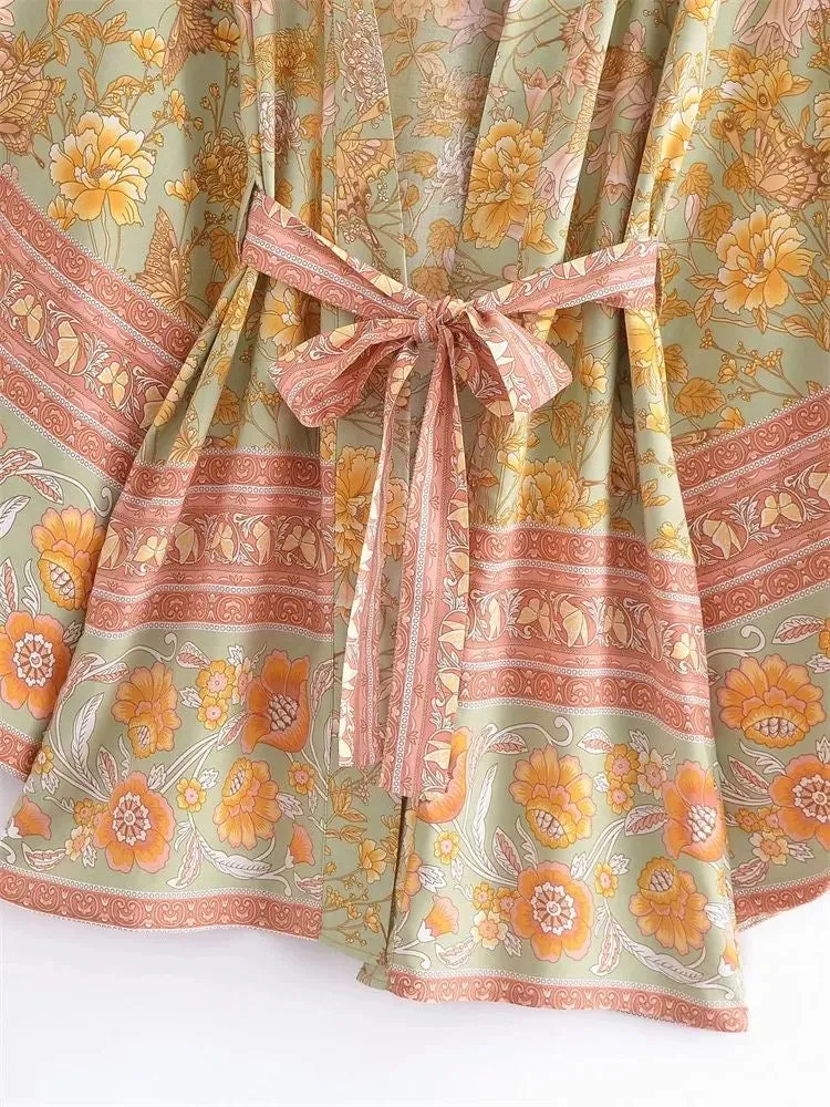 Short Kimono Green Floral