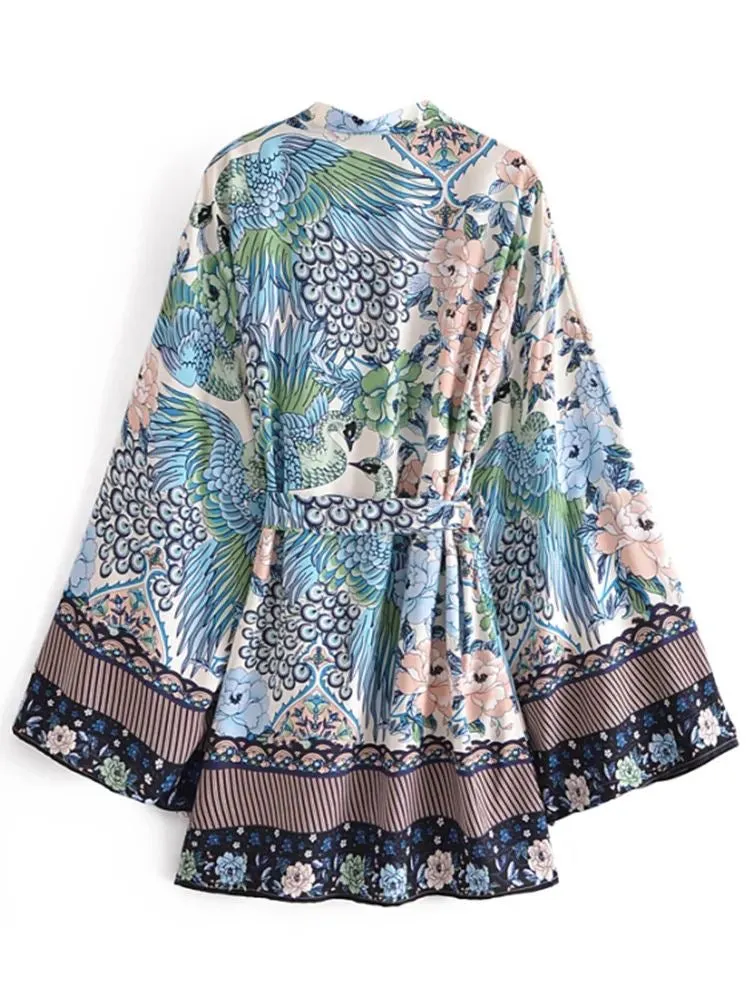 Short Kimono Peacock & Flowers Blue