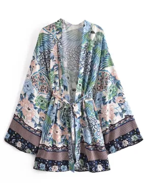 Short Kimono Peacock & Flowers Blue