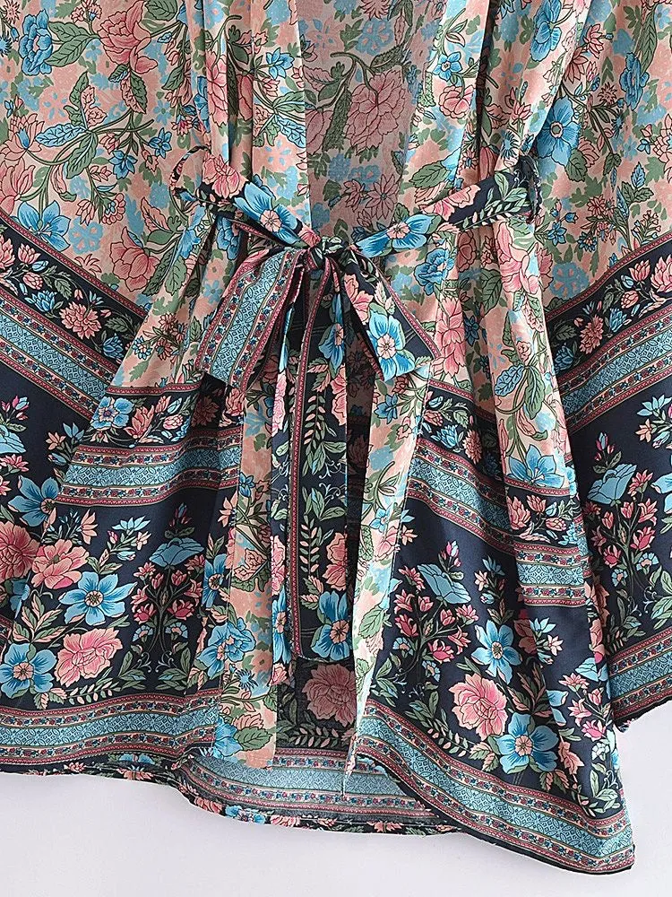 Short Kimono Pink-Blue Flowers