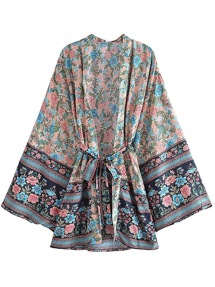 Short Kimono Pink-Blue Flowers