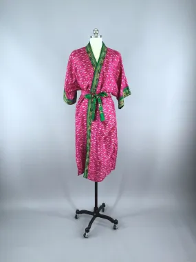 Silk Sari Robe / Bright Pink & Green Ikat