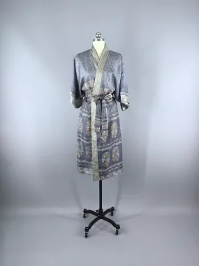 Silk Sari Robe / Grey & Tan Floral Print