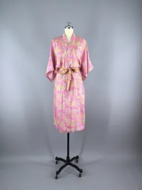 Silk Sari Robe / Pink Abstract Print