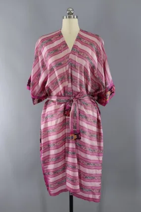 Silk Sari Robe / Pink Ikat Stripes