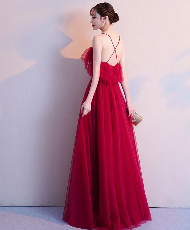 Simple Burgundy Tulle Long Prom Dress, Burgundy Evening Dress