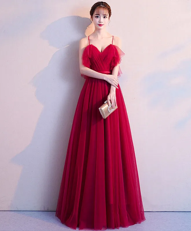Simple Burgundy Tulle Long Prom Dress, Burgundy Evening Dress