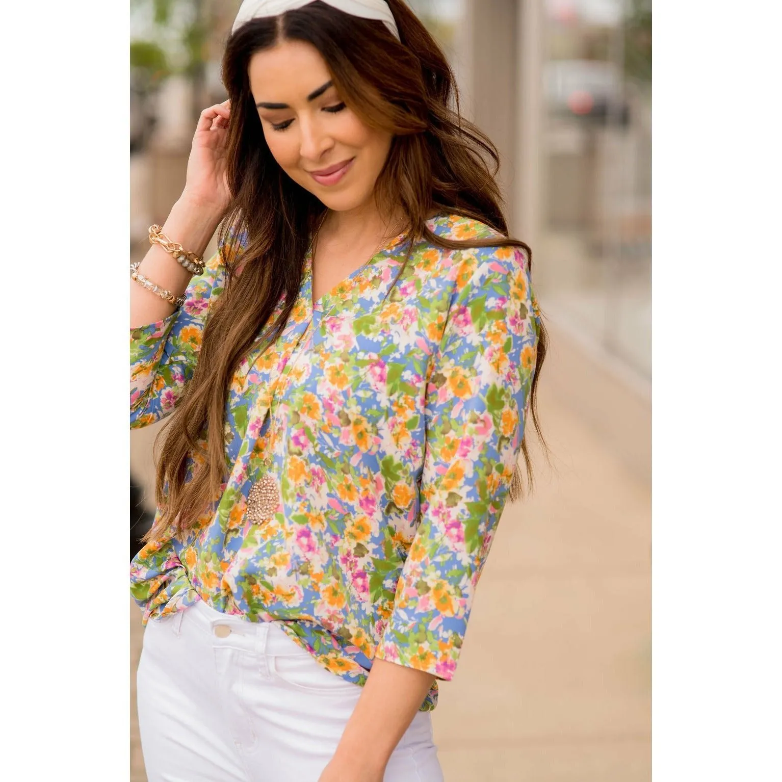 Sketched Floral V-Neck Blouse