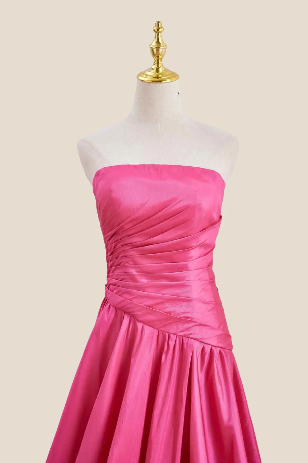 Strapless Hot Pink Ruched Long Formal Gown