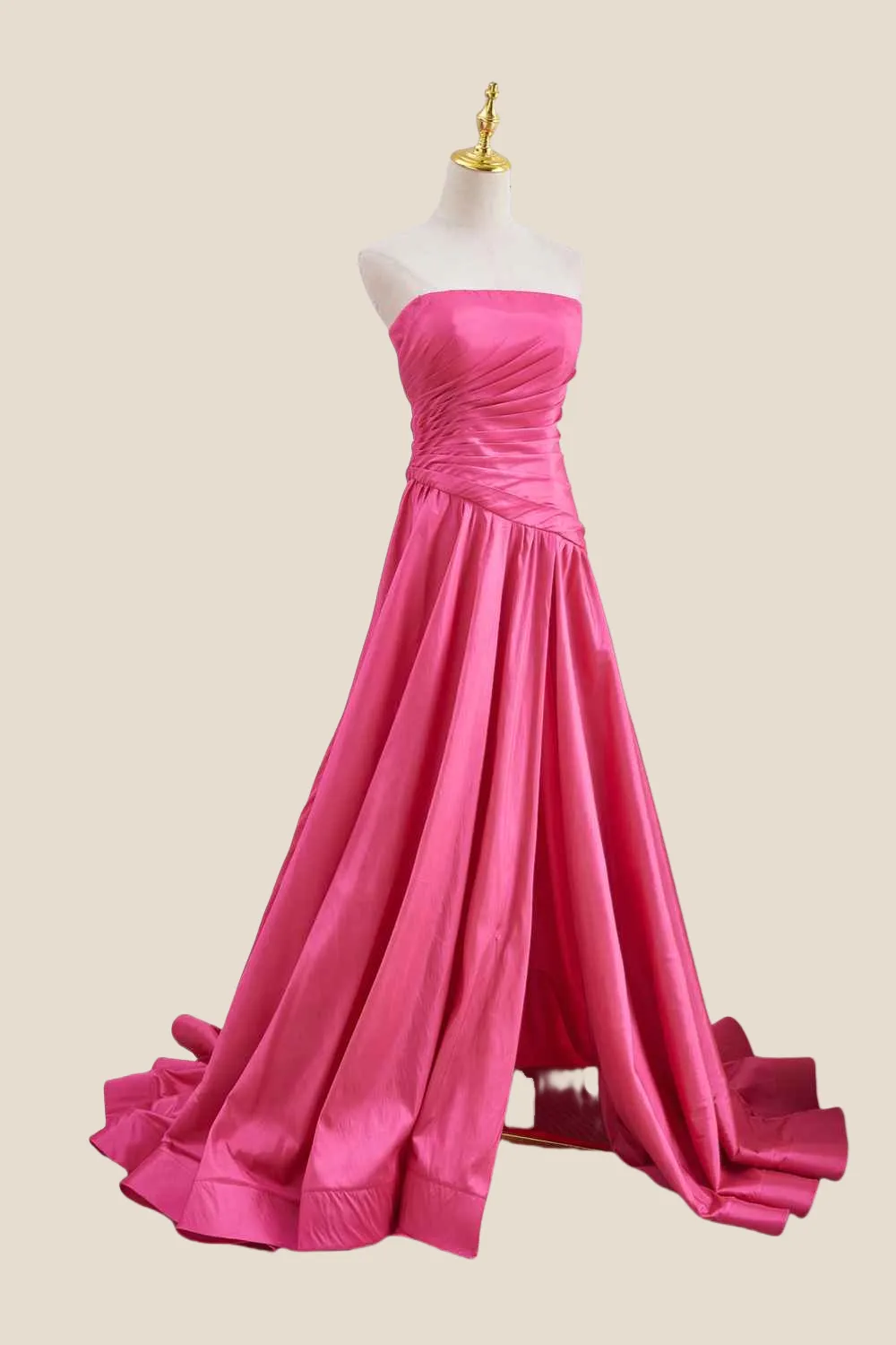 Strapless Hot Pink Ruched Long Formal Gown