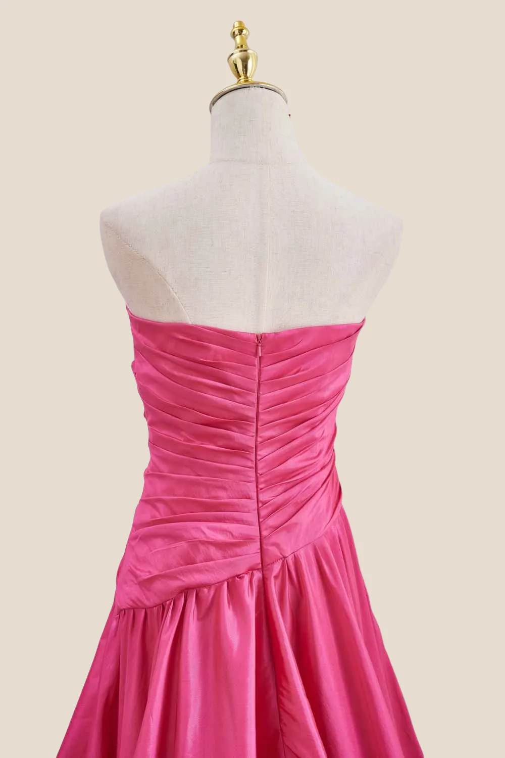 Strapless Hot Pink Ruched Long Formal Gown