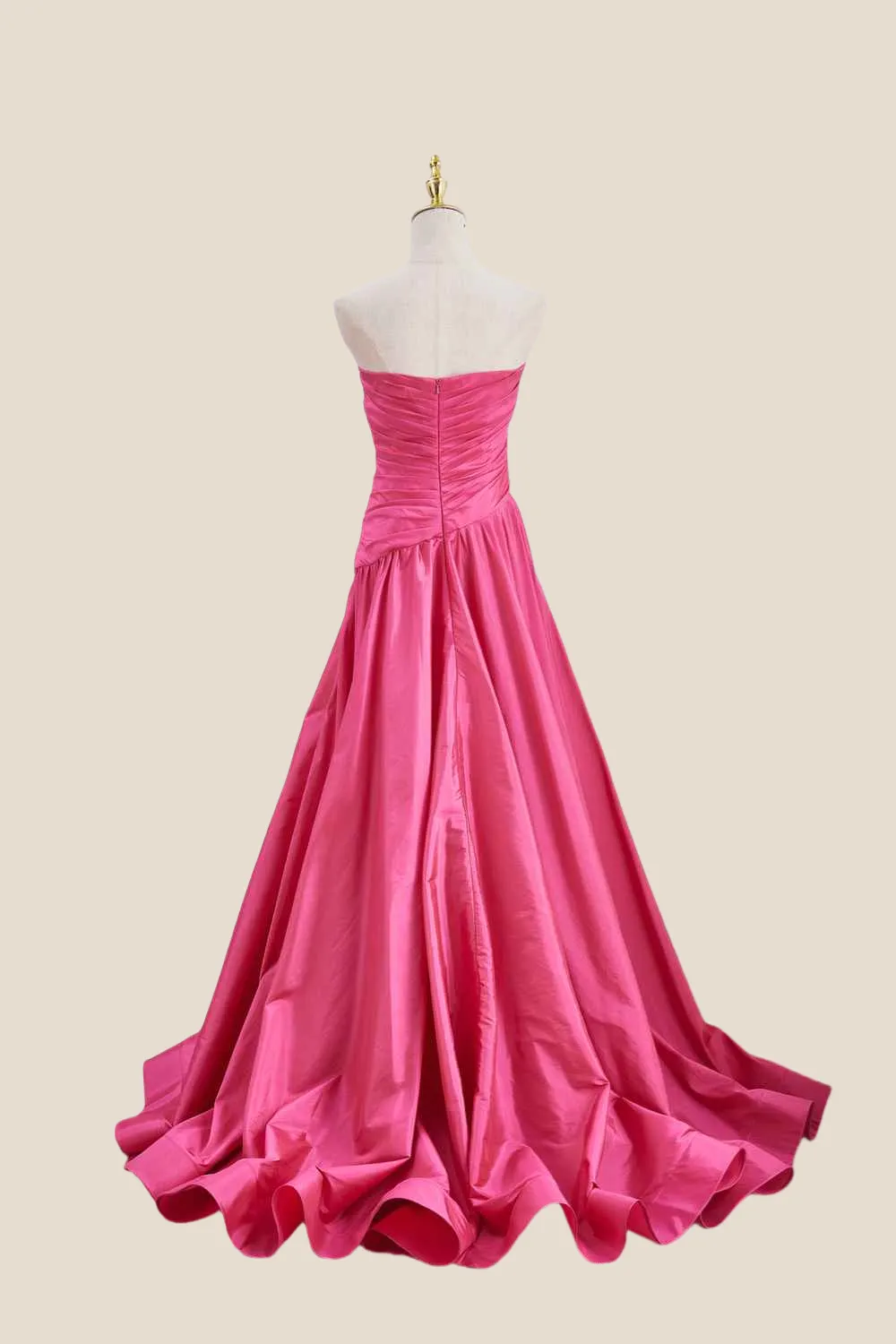 Strapless Hot Pink Ruched Long Formal Gown