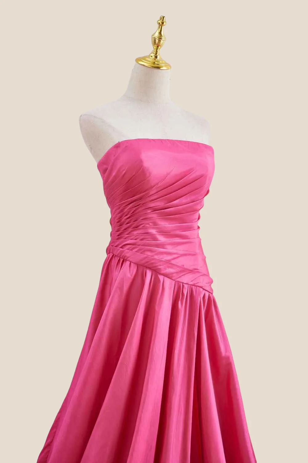 Strapless Hot Pink Ruched Long Formal Gown