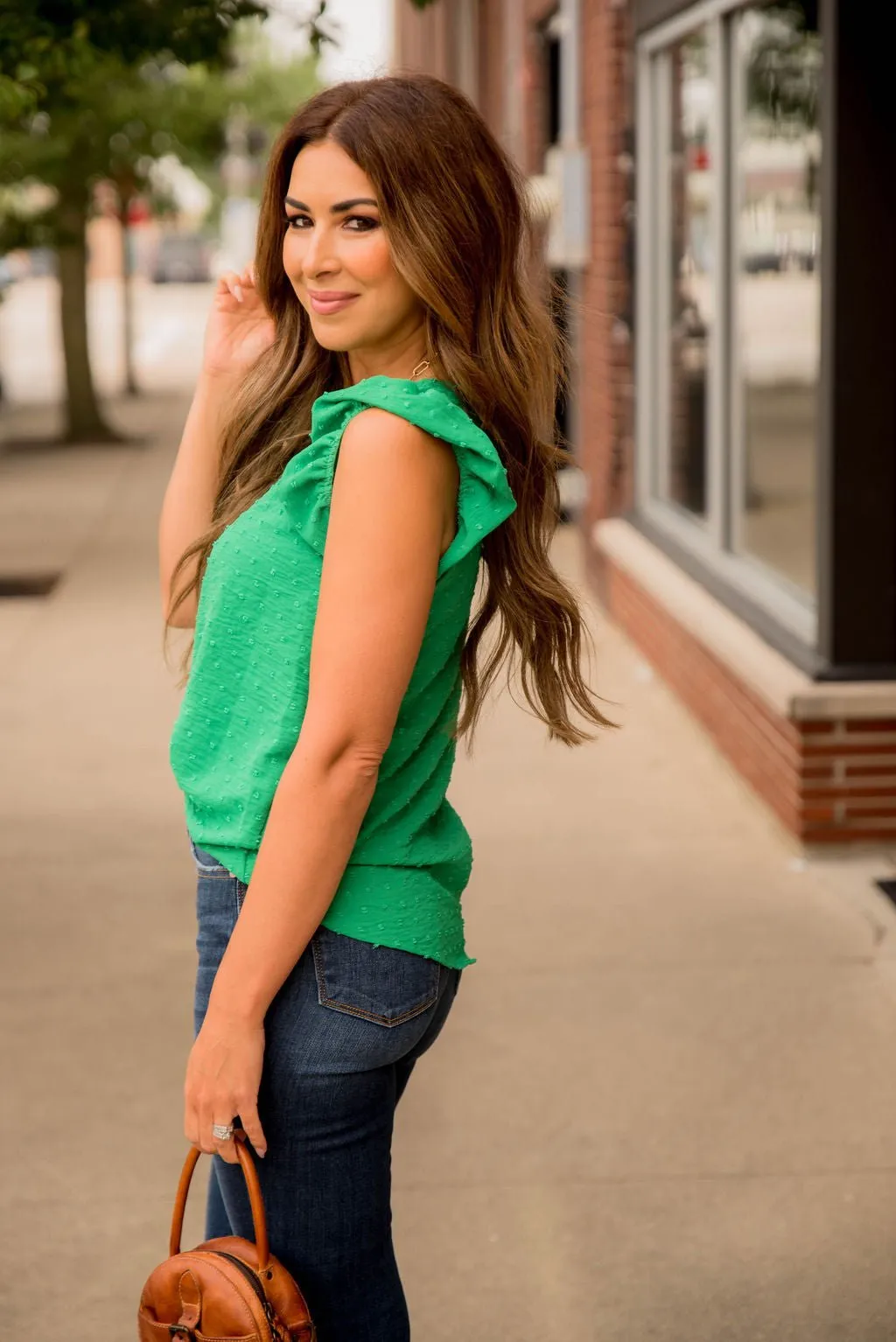 Swiss Dot Puffed Flutter Trim Blouse
