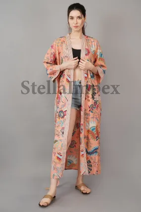 Trendy Cotton Kimono Elegant Peach Floral Bathrobe Resort Wear Beach Bikini Cover-ups Boho Kimono Bathrobe, Gift for Her