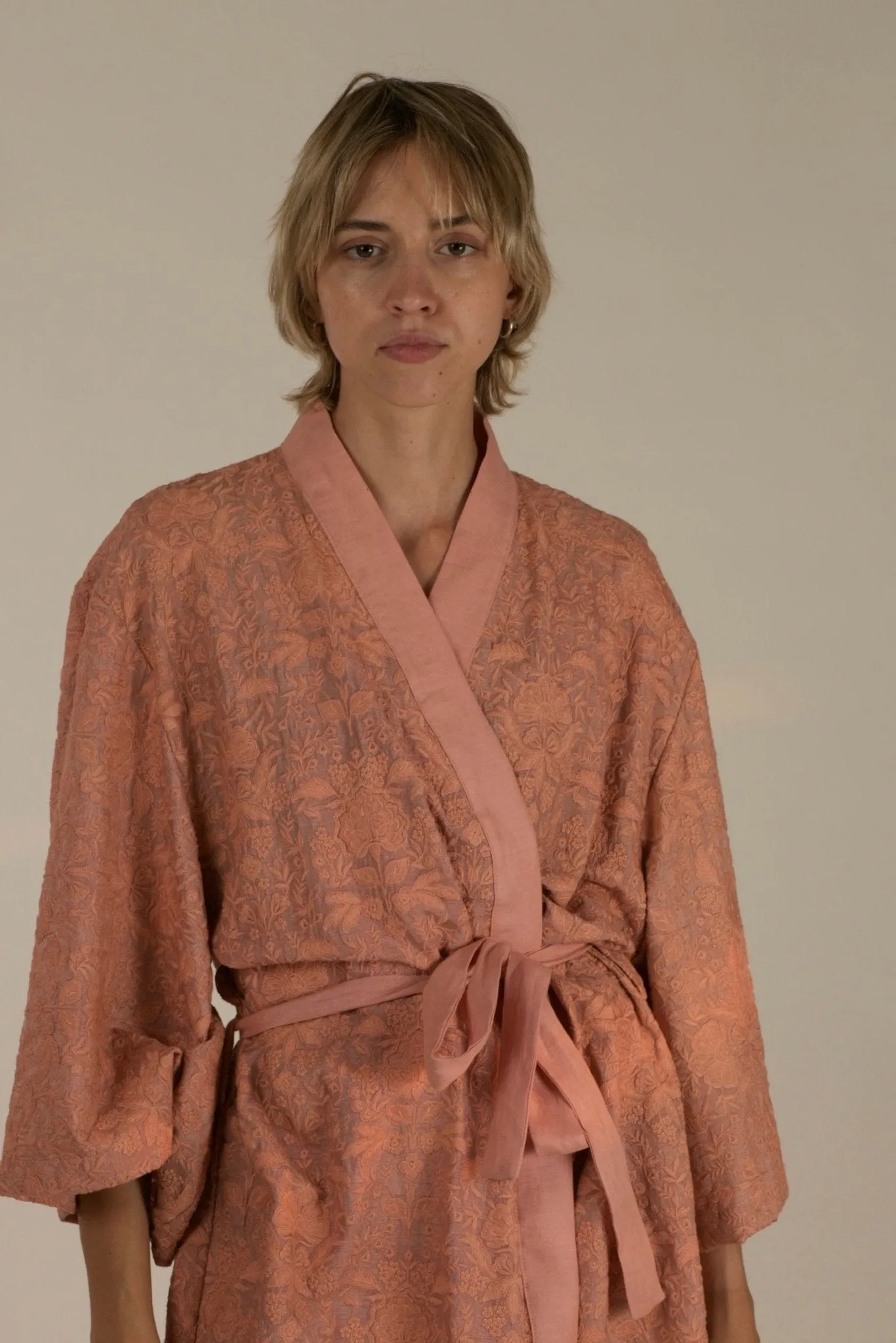 TUSSER SILK PEACH EMBROIDERED KIMONO ZOLA