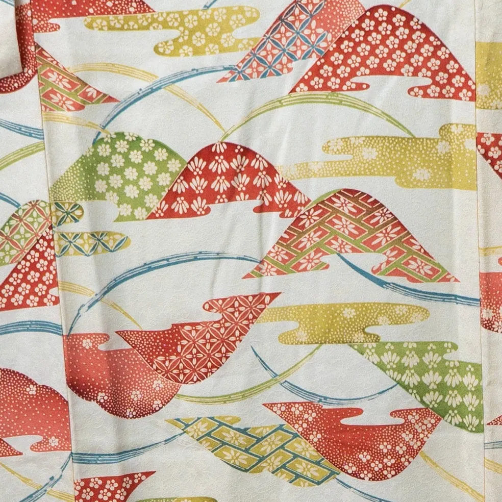 Unused Silk Kimono - Mountains Peeking through Clouds - Flowers Geometric Cherry Blossoms Sakura