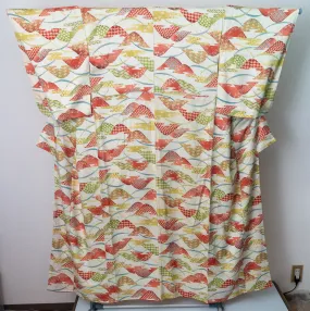 Unused Silk Kimono - Mountains Peeking through Clouds - Flowers Geometric Cherry Blossoms Sakura