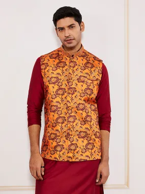 VASTRAMAY Men's Rust Silk Blend Nehru Jacket.