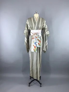 Vintage 1930s Vintage Silk Kimono Robe / Sage Green Stripes