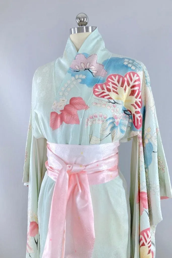 Vintage Blue & Pink Floral Silk Kimono