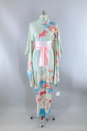 Vintage Blue & Pink Floral Silk Kimono