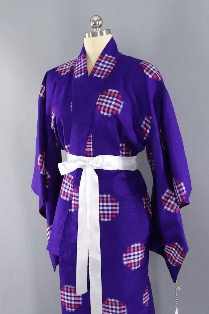 Vintage Purple Gingham Ikat Silk Kimono