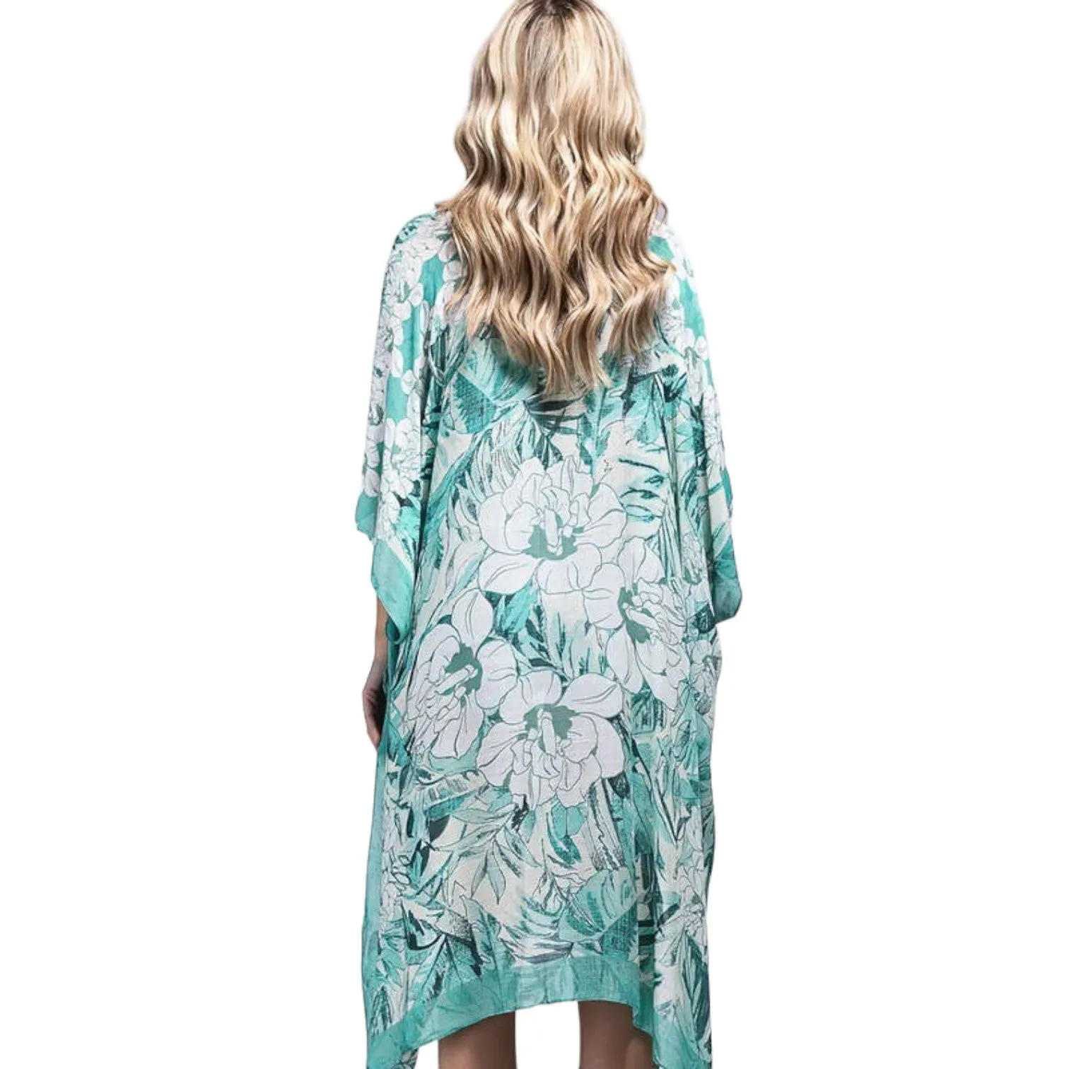 White Teal Sharon Flower Print Kimono