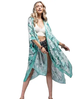 White Teal Sharon Flower Print Kimono