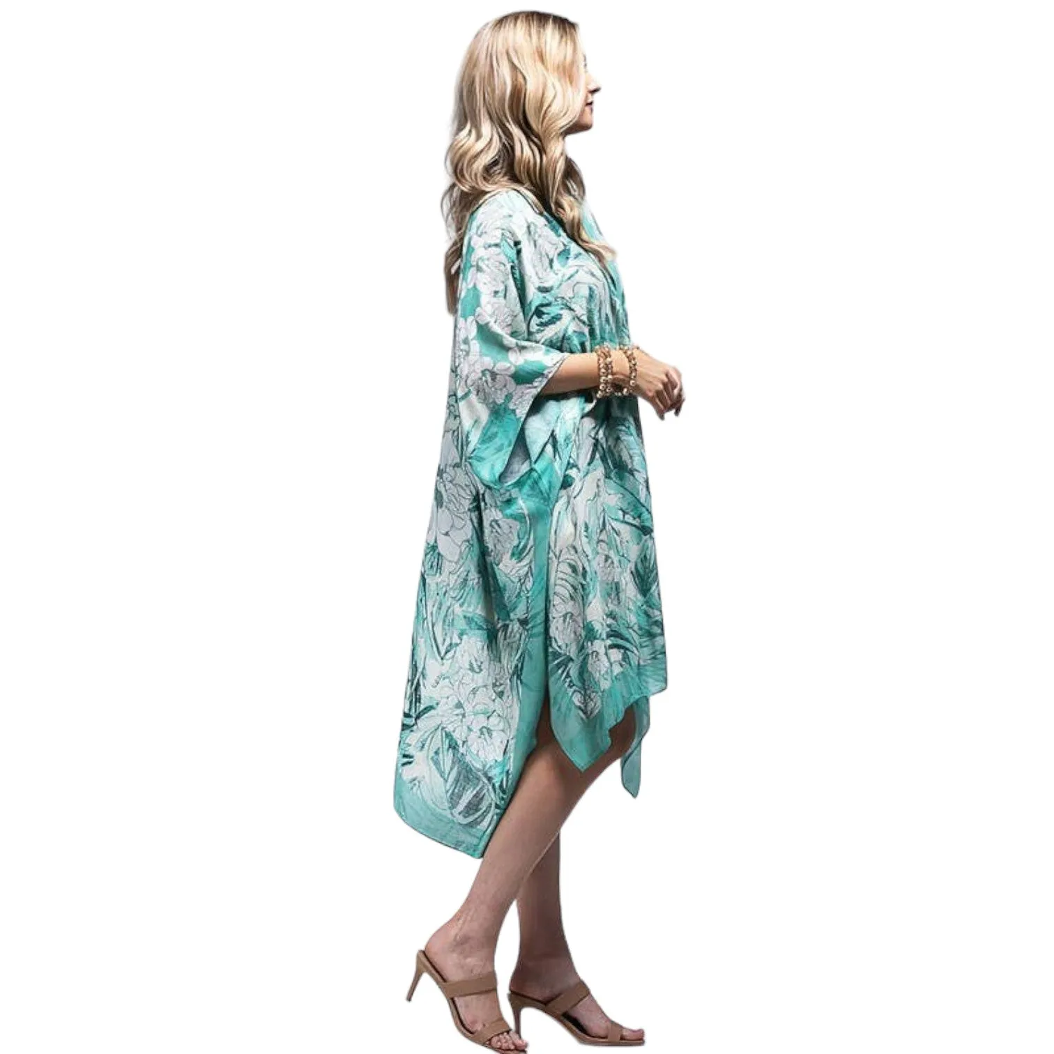 White Teal Sharon Flower Print Kimono