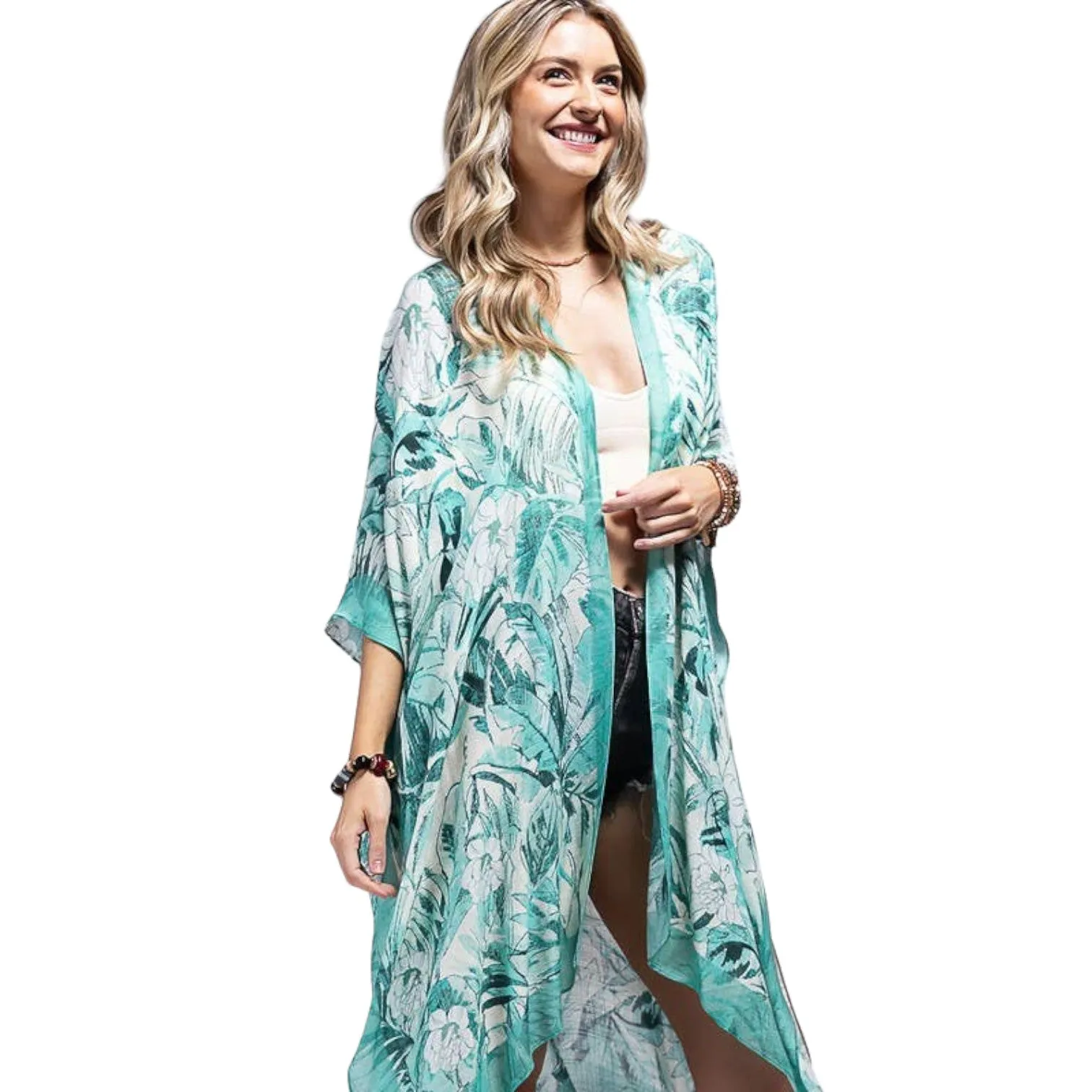 White Teal Sharon Flower Print Kimono
