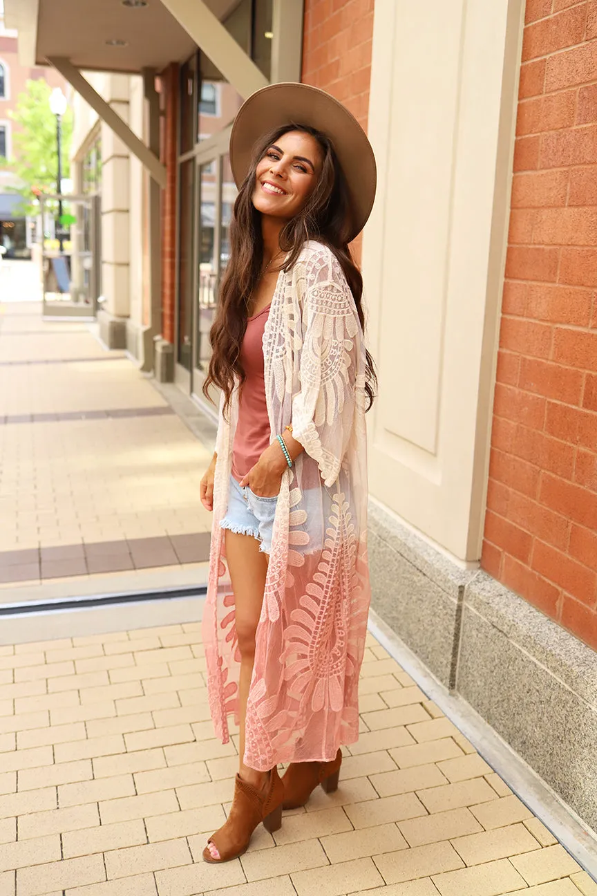 Wild Love Ombre Dip Dyed Lace Bohemian Kimono - Rose