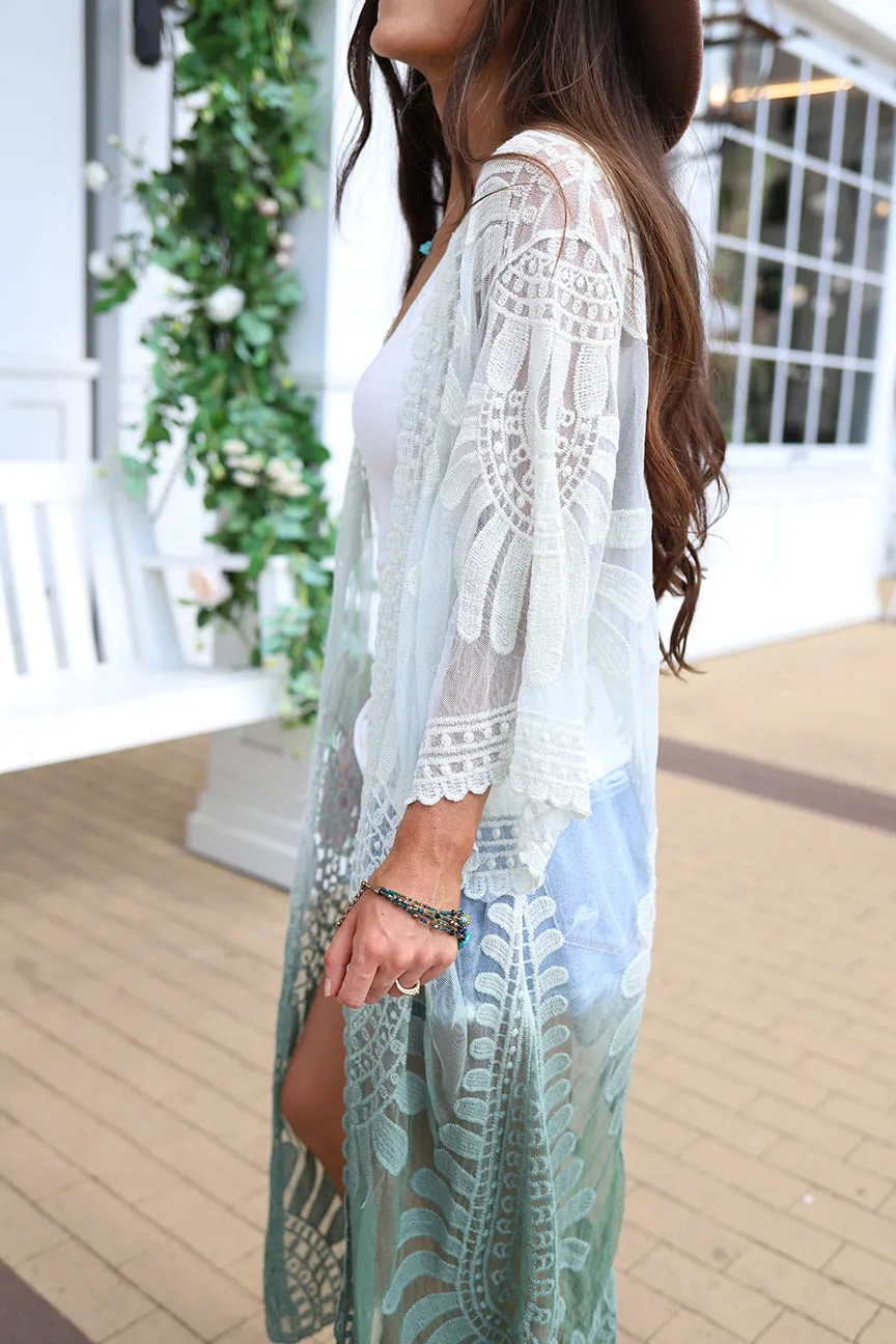 Wild Love Ombre Dip Dyed Lace Bohemian Kimono - Sage