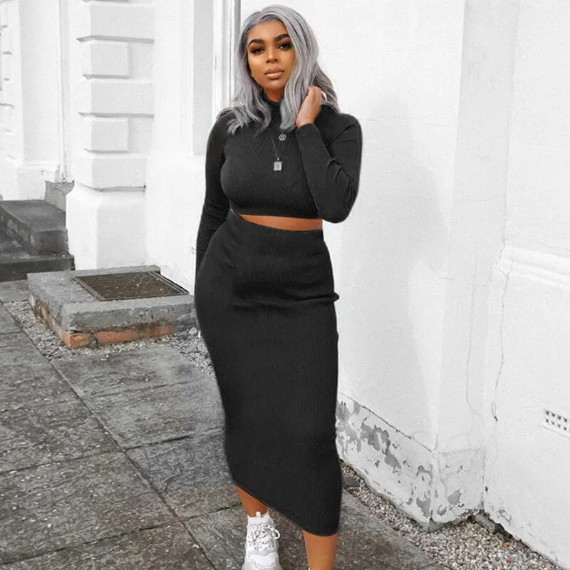 Women's Autumn Ribbed Knitted Solid Long Sleeve Two-Piece Dress