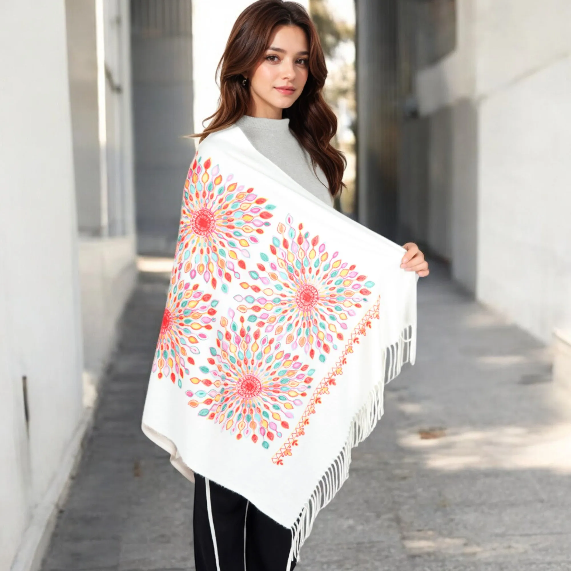 Women's Floral Mandala Embroidered Scarf with Fringed Edges and Lightweight Fabric