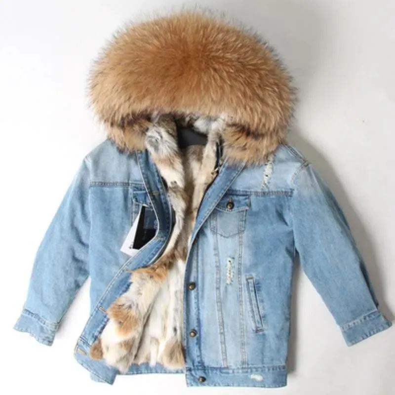 Women's Winter Casual Thick Denim Parka With Raccoon Fur