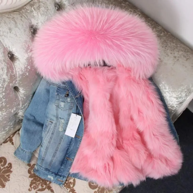 Women's Winter Casual Thick Denim Parka With Raccoon Fur