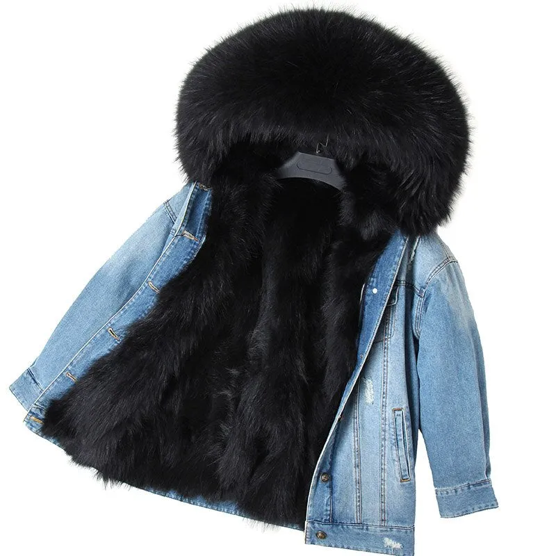 Women's Winter Casual Thick Denim Parka With Raccoon Fur