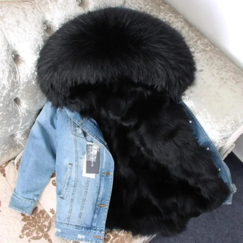 Women's Winter Casual Thick Denim Parka With Raccoon Fur