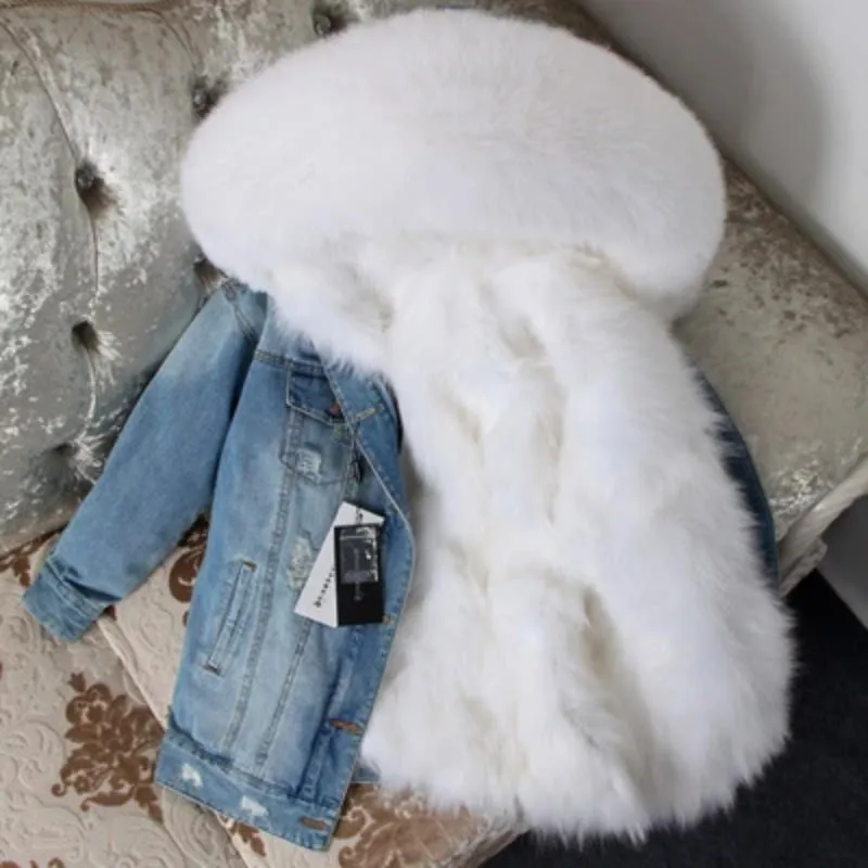 Women's Winter Casual Thick Denim Parka With Raccoon Fur