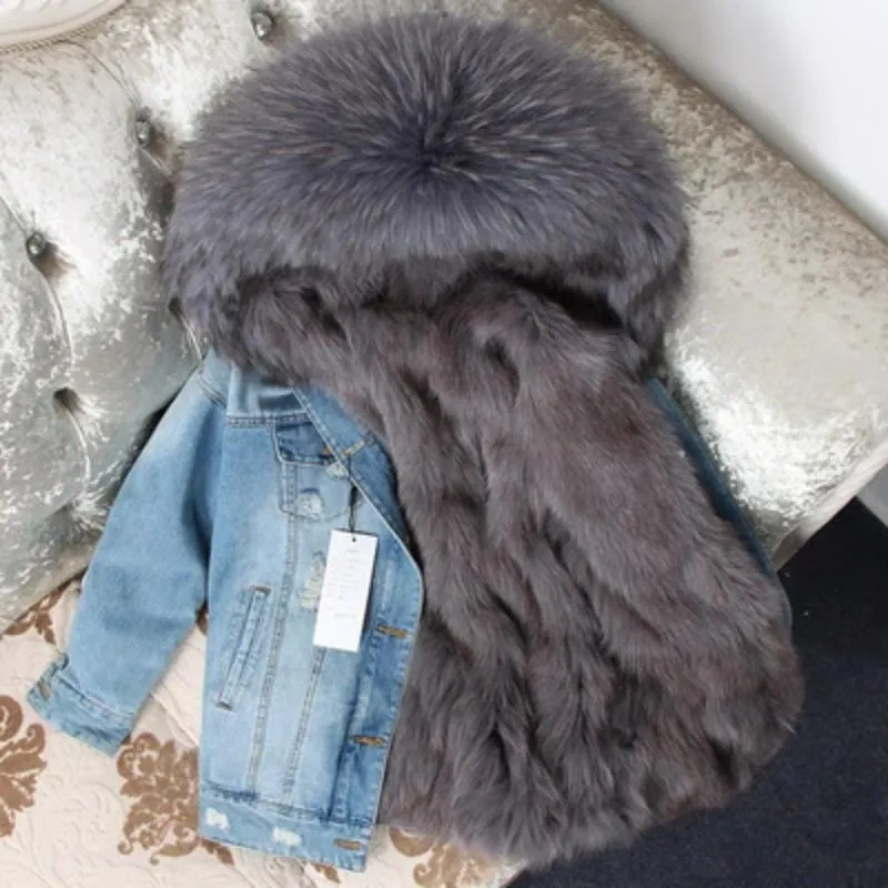 Women's Winter Casual Thick Denim Parka With Raccoon Fur