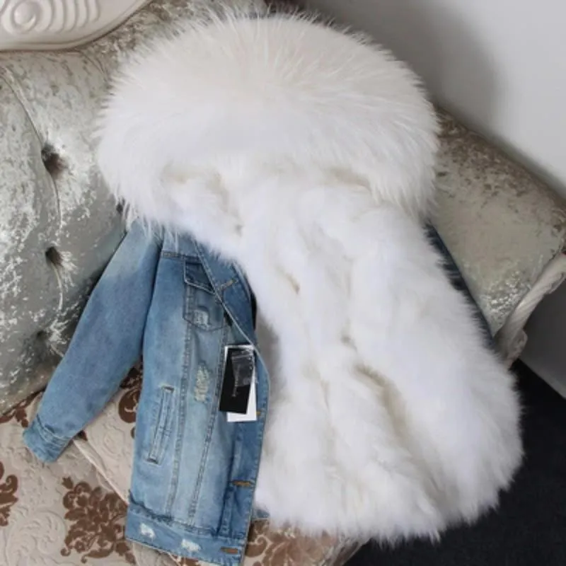 Women's Winter Casual Thick Denim Parka With Raccoon Fur